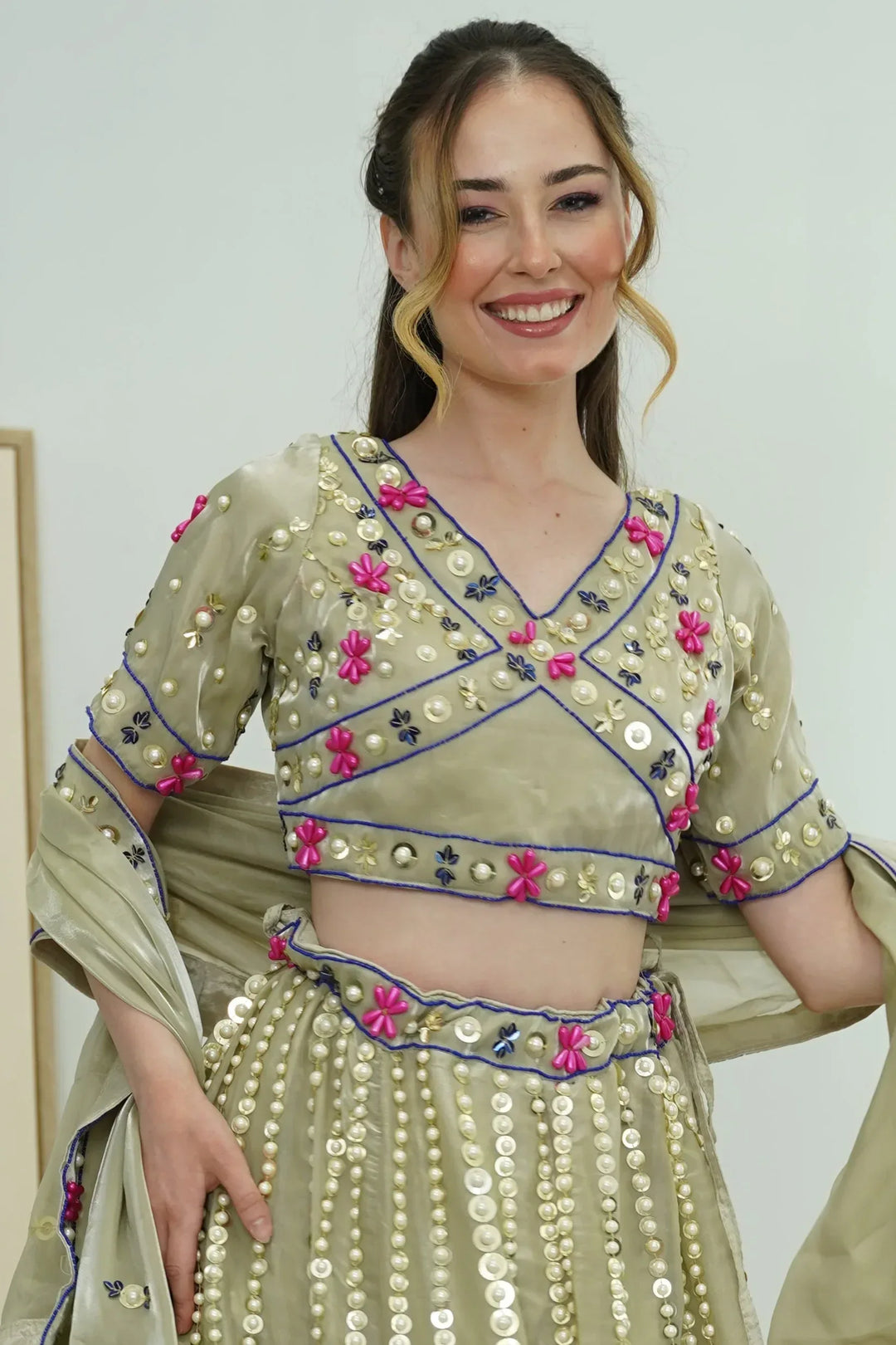 Olive Mirror Garden Lehenga - MyEthnikRentals