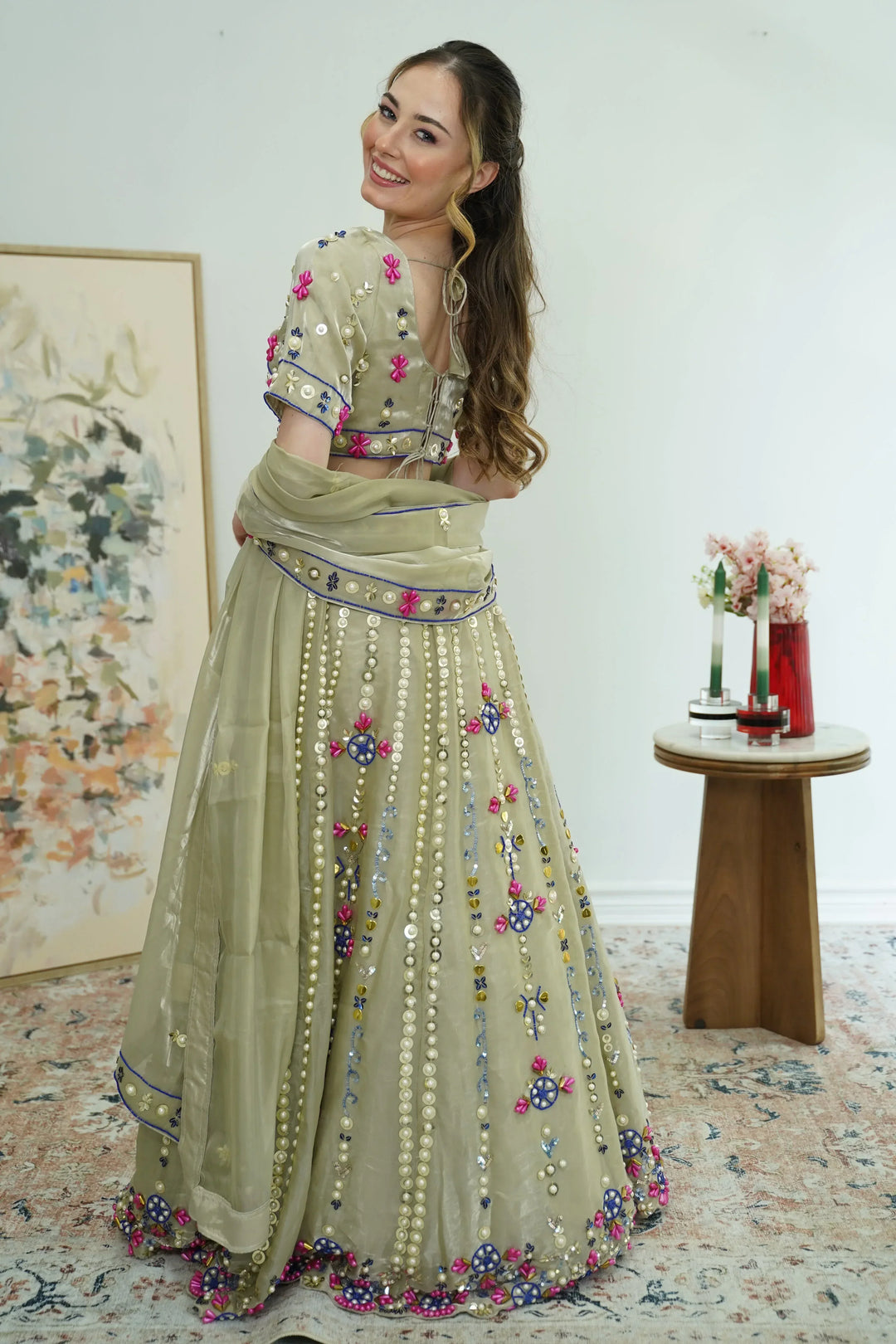 Olive Mirror Garden Lehenga - MyEthnikRentals