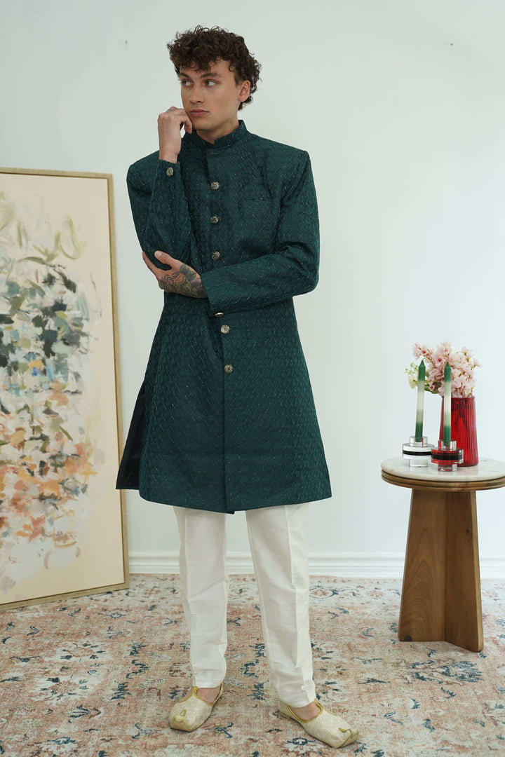 Deep Teal Textured Sherwani Set (Outside Ontario) - MyEthnikRentals
