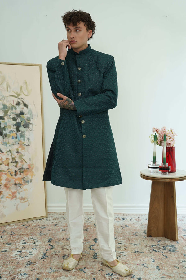 Deep Teal Textured Sherwani Set (Outside Ontario) - MyEthnikRentals