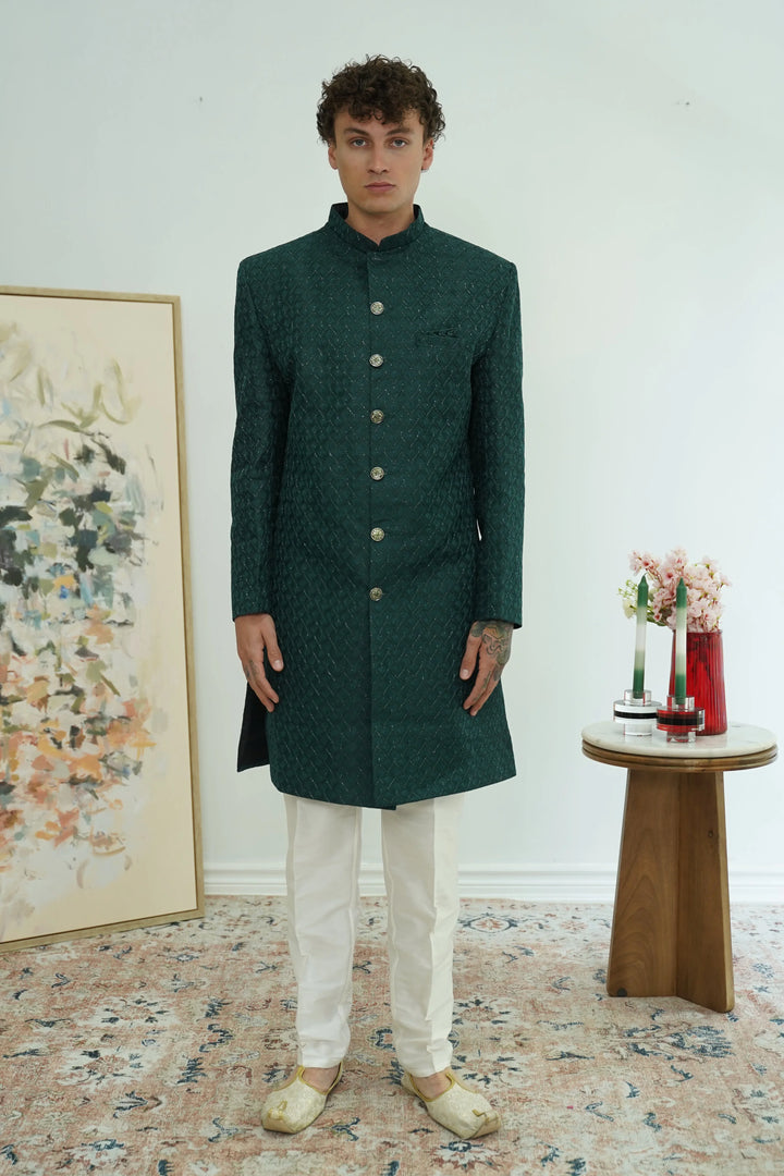 Deep Teal Textured Sherwani Set - MyEthnikRentals