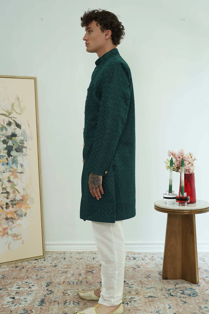 Deep Teal Textured Sherwani Set (Outside Ontario) - MyEthnikRentals