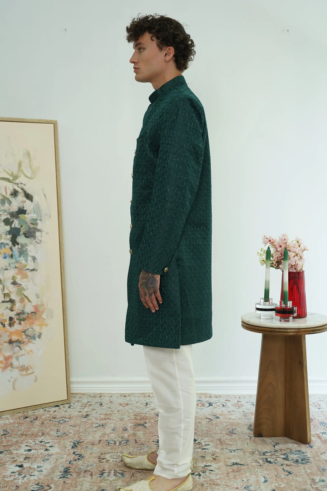 Deep Teal Textured Sherwani Set - MyEthnikRentals