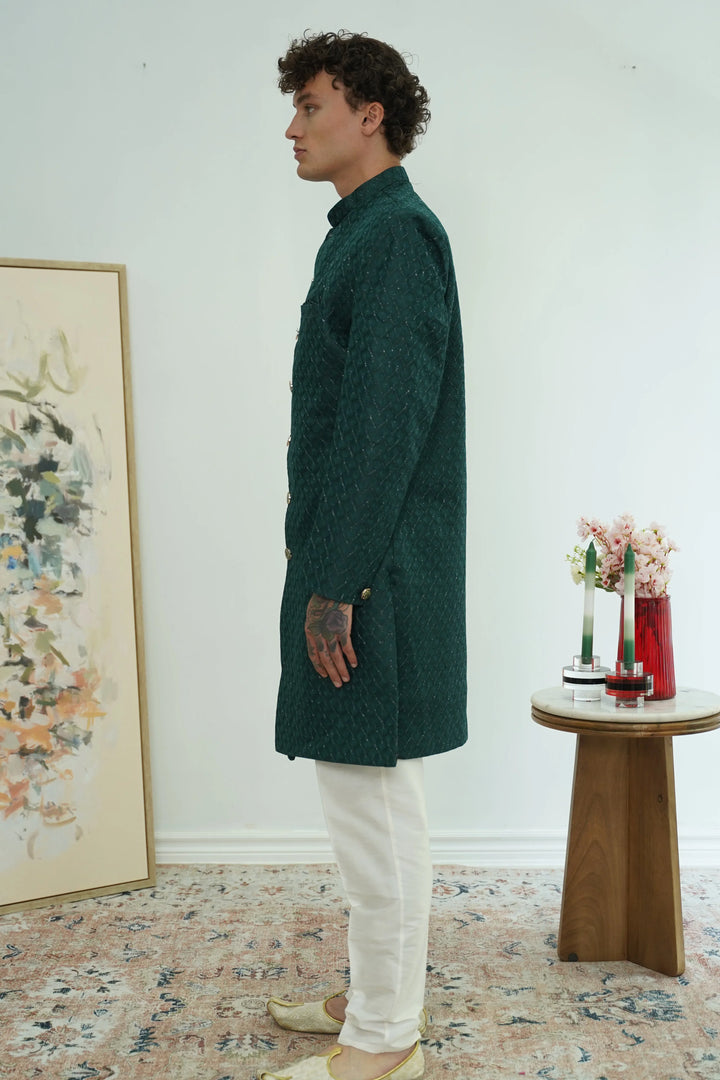 Deep Teal Textured Sherwani Set - MyEthnikRentals