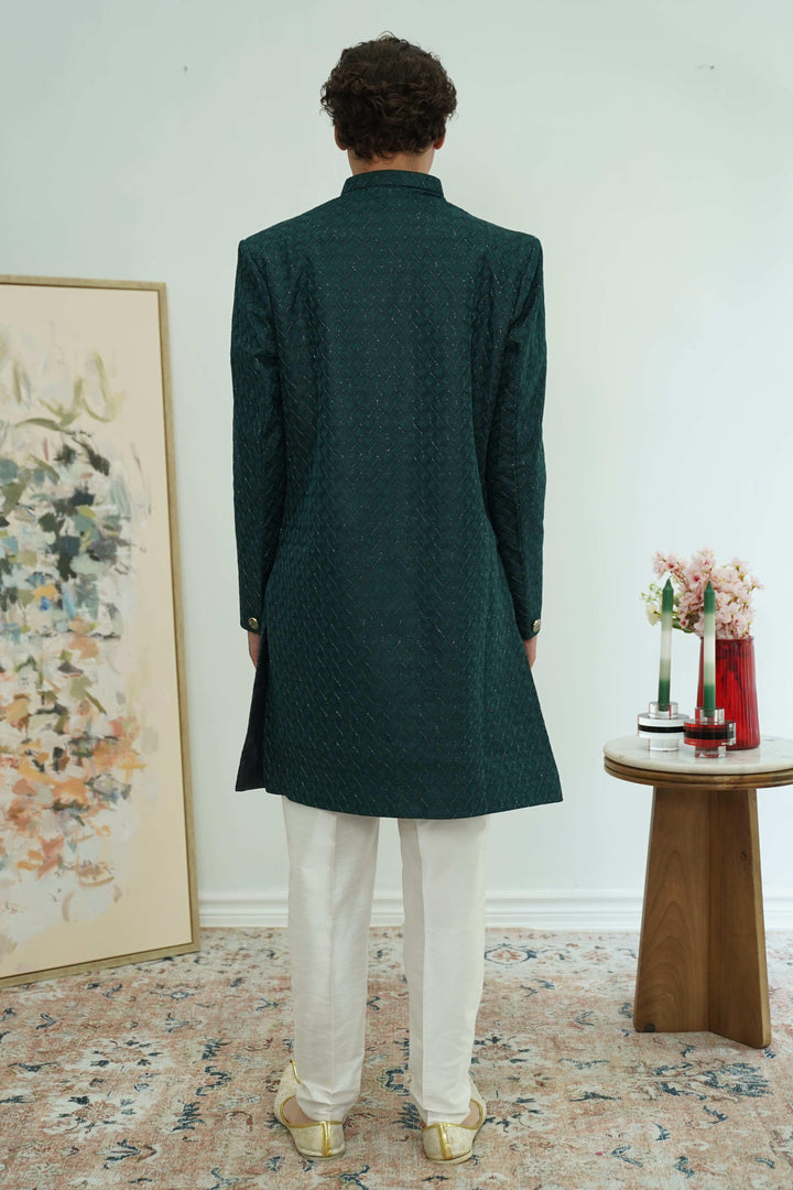 Deep Teal Textured Sherwani Set (Outside Ontario) - MyEthnikRentals