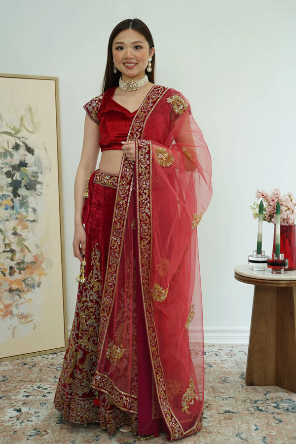 Maroon Gold Silver Lehenga - MyEthnikRentals