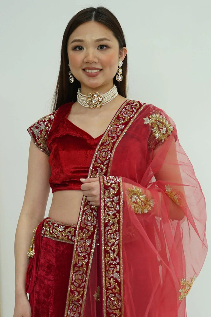 Maroon Gold Silver Lehenga (Outside Ontario) - MyEthnikRentals