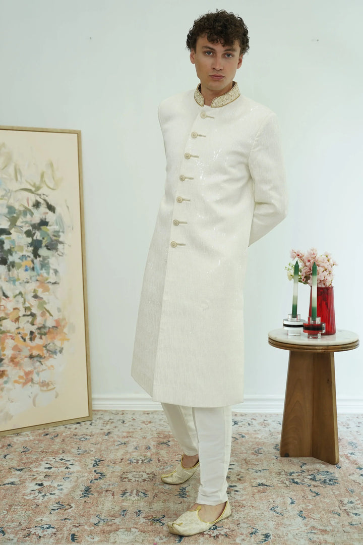 Ivory Sequin Classic Sherwani Set - MyEthnikRentals
