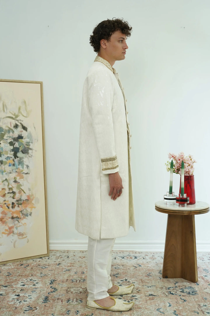 Ivory Sequin Classic Sherwani Set - MyEthnikRentals