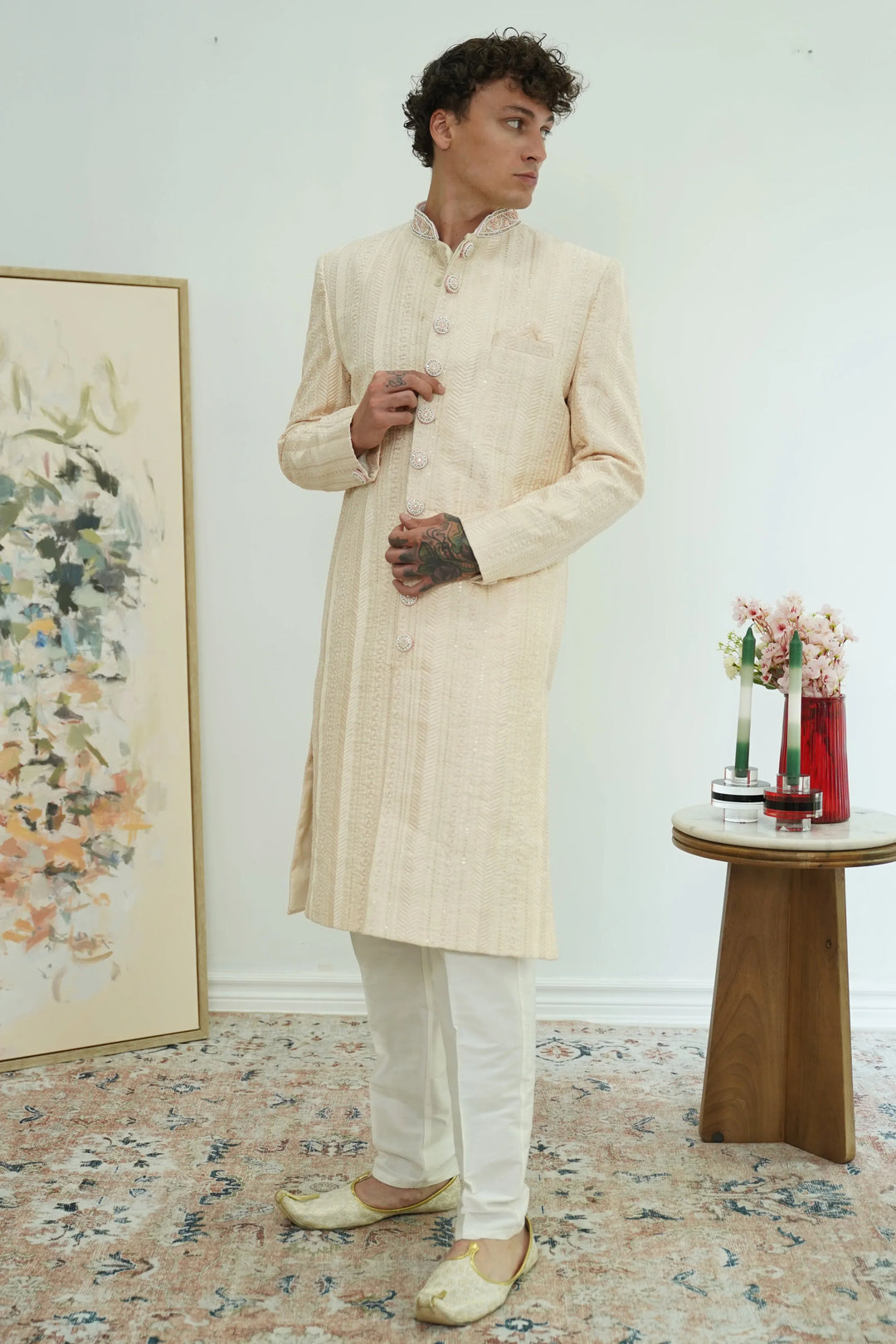 Soft pink Textured Sherwani Set - MyEthnikRentals