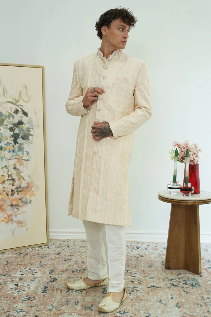 Soft pink Textured Sherwani Set - MyEthnikRentals