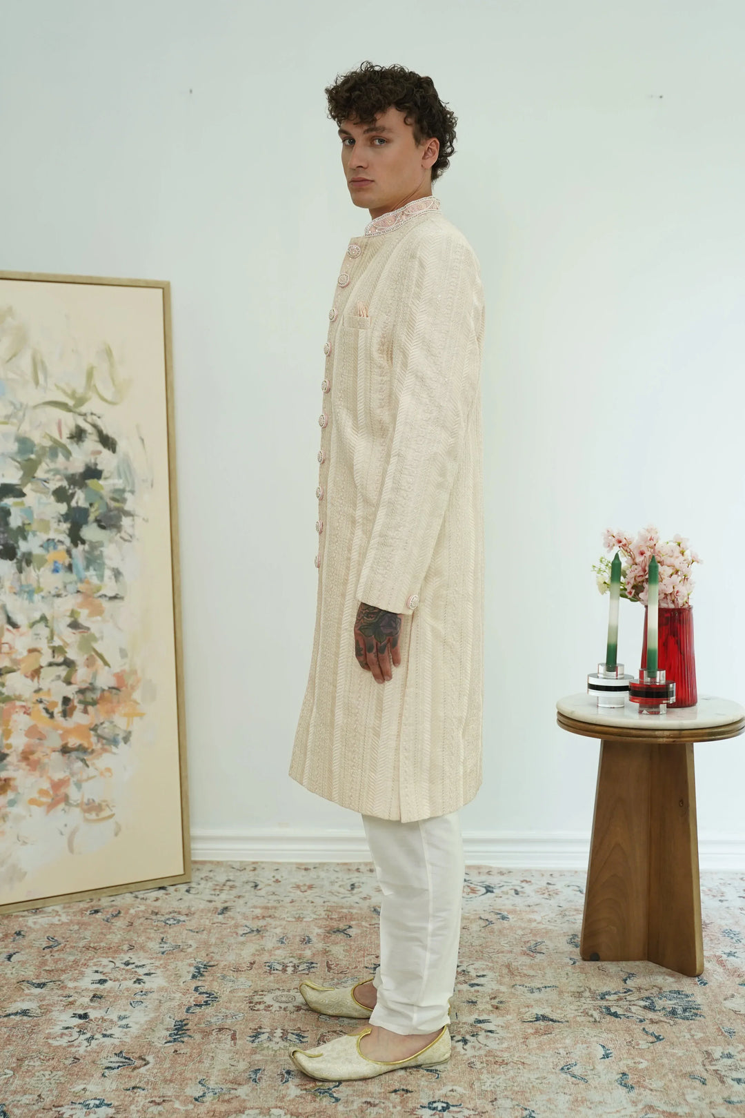 Soft pink Textured Sherwani Set - MyEthnikRentals