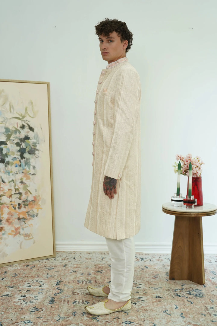Soft pink Textured Sherwani Set - MyEthnikRentals