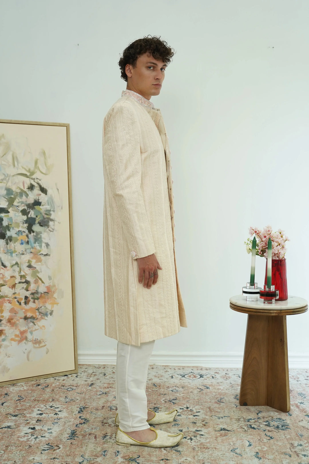 Soft pink Textured Sherwani Set - MyEthnikRentals