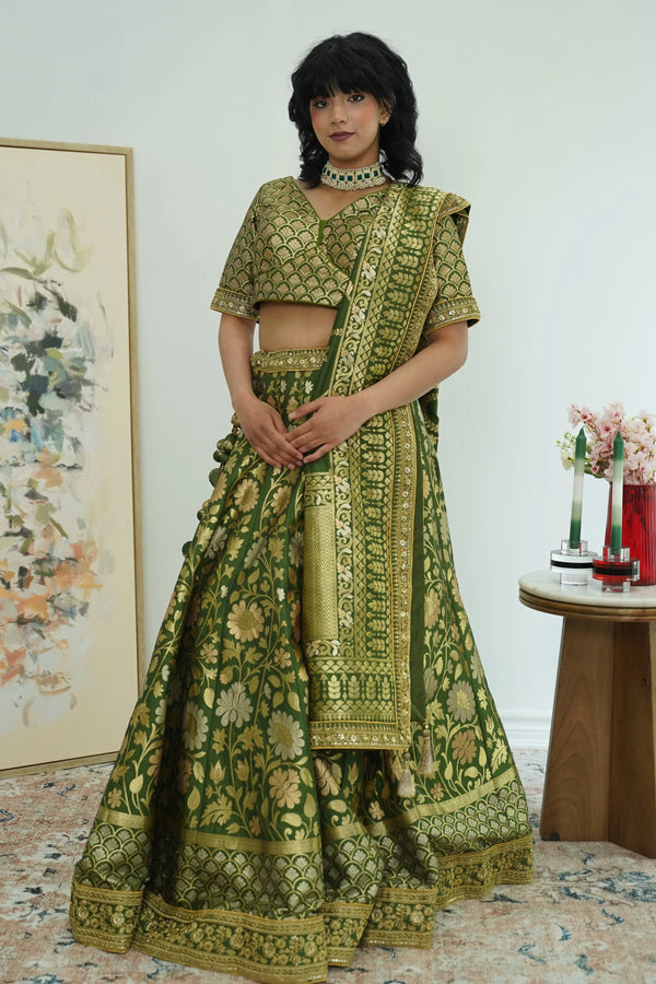 Exquisite Mehendi Banarasi Lehenga - MyEthnikRentals