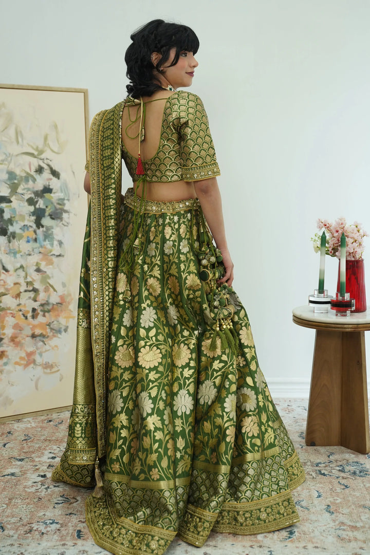 Exquisite Mehendi Banarasi Lehenga (Outside Ontario) - MyEthnikRentals