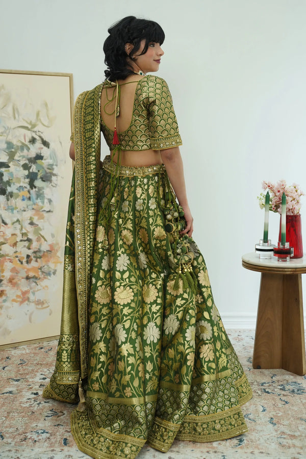 Exquisite Mehendi Banarasi Lehenga - MyEthnikRentals