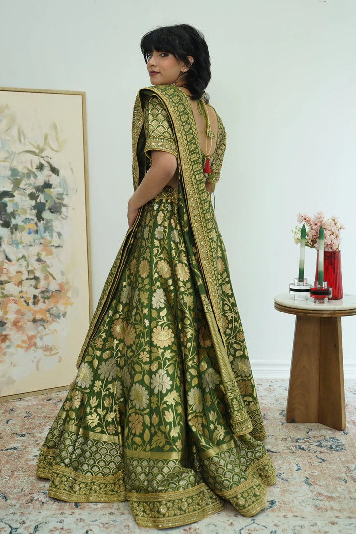 Exquisite Mehendi Banarasi Lehenga (Outside Ontario) - MyEthnikRentals