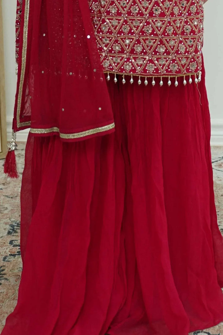 Crimson Mirrorwork Sharara Set (Outside Ontario) - MyEthnikRentals
