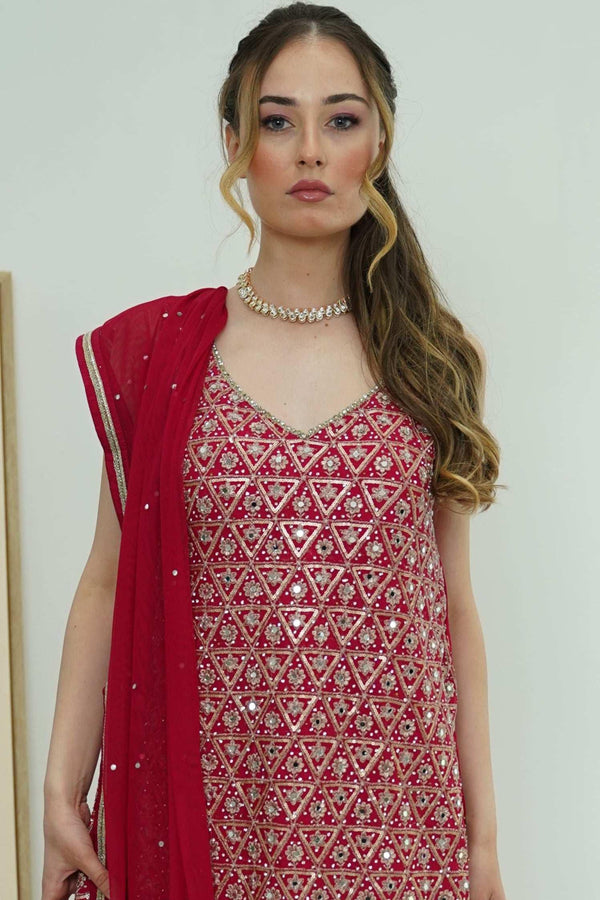 Crimson Mirrorwork Sharara Set (Outside Ontario) - MyEthnikRentals