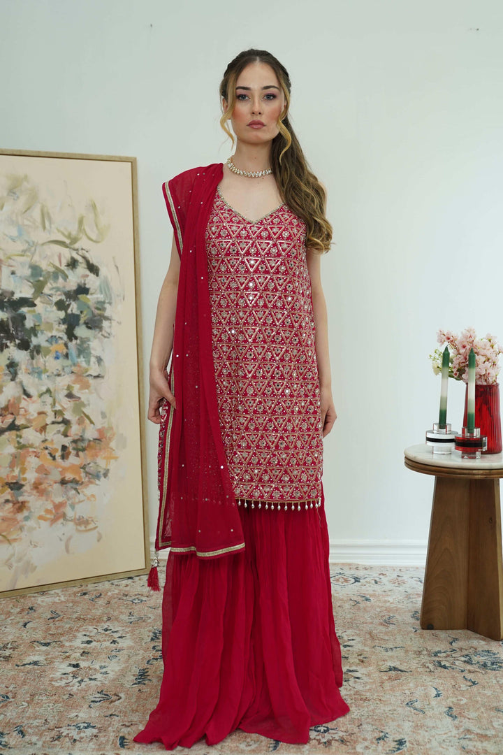 Crimson Mirrorwork Sharara Set (Outside Ontario) - MyEthnikRentals