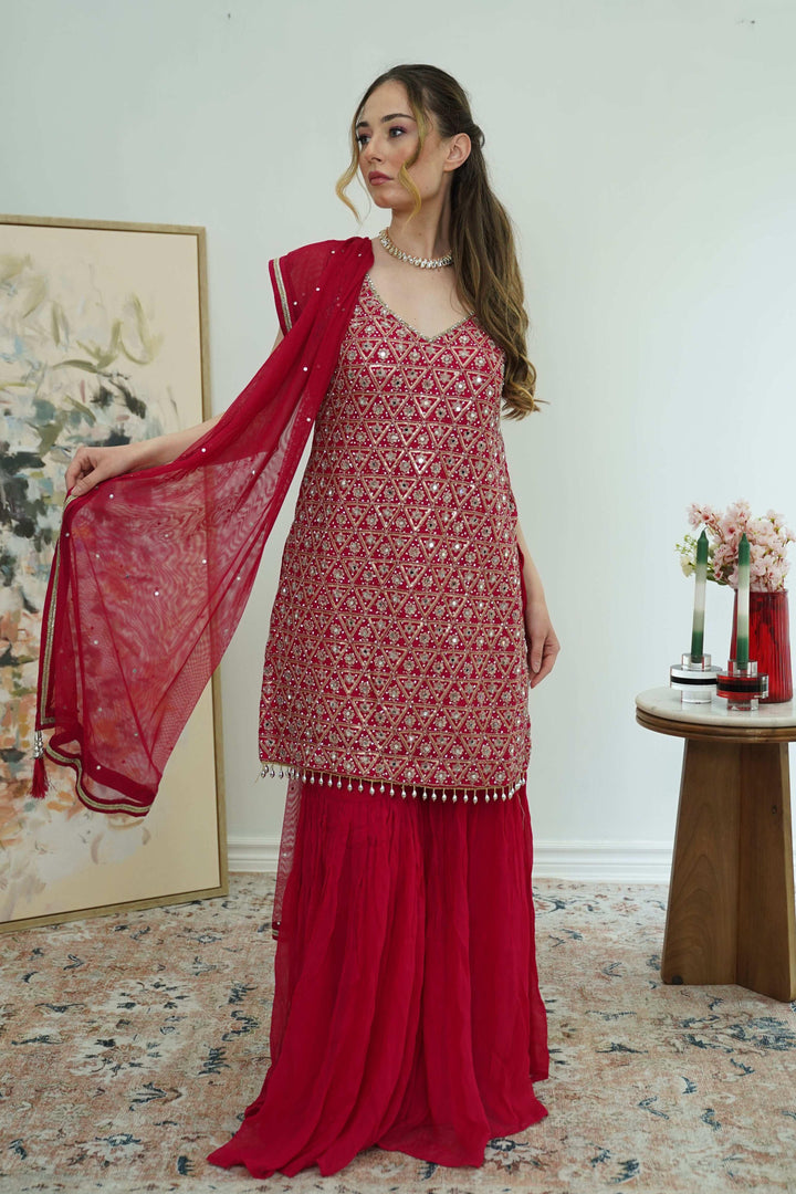 Crimson Mirrorwork Sharara Set (Outside Ontario) - MyEthnikRentals