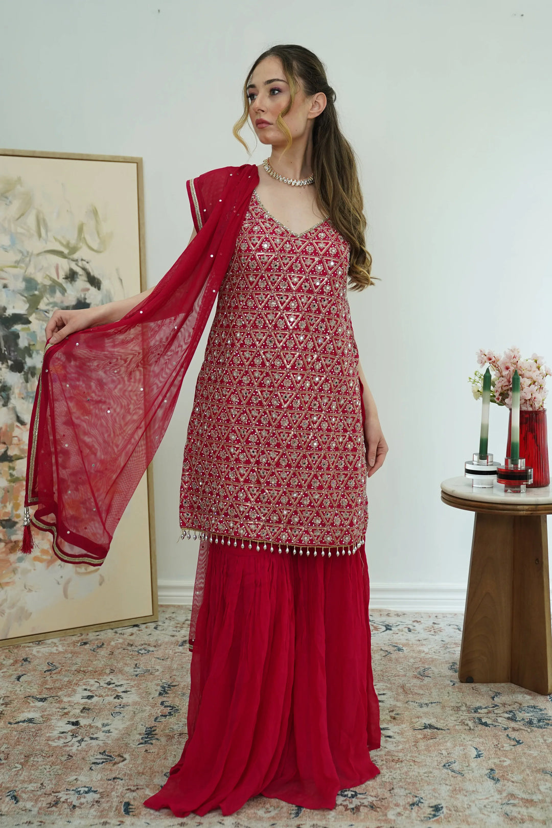 Crimson Mirrorwork Sharara Set - MyEthnikRentals