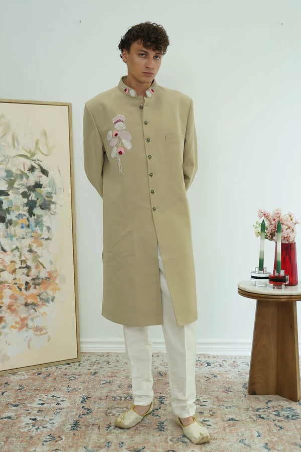 Sage Floral Embroidered Sherwani Set - MyEthnikRentals