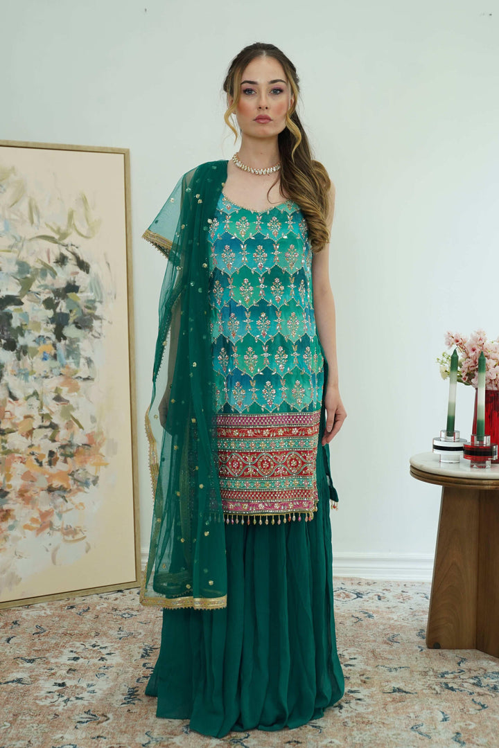 Emerald Mirror & Phulkari Sharara Set (Outside Ontario) - MyEthnikRentals