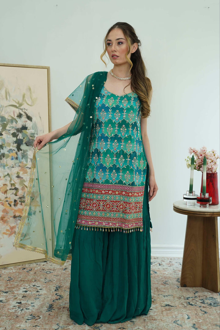 Emerald Mirror & Phulkari Sharara Set (Outside Ontario) - MyEthnikRentals