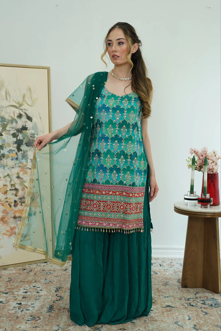 Emerald Mirror & Phulkari Sharara Set - MyEthnikRentals