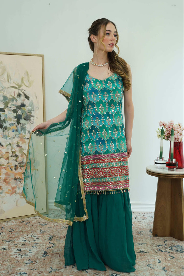 Emerald Mirror & Phulkari Sharara Set (Outside Ontario) - MyEthnikRentals