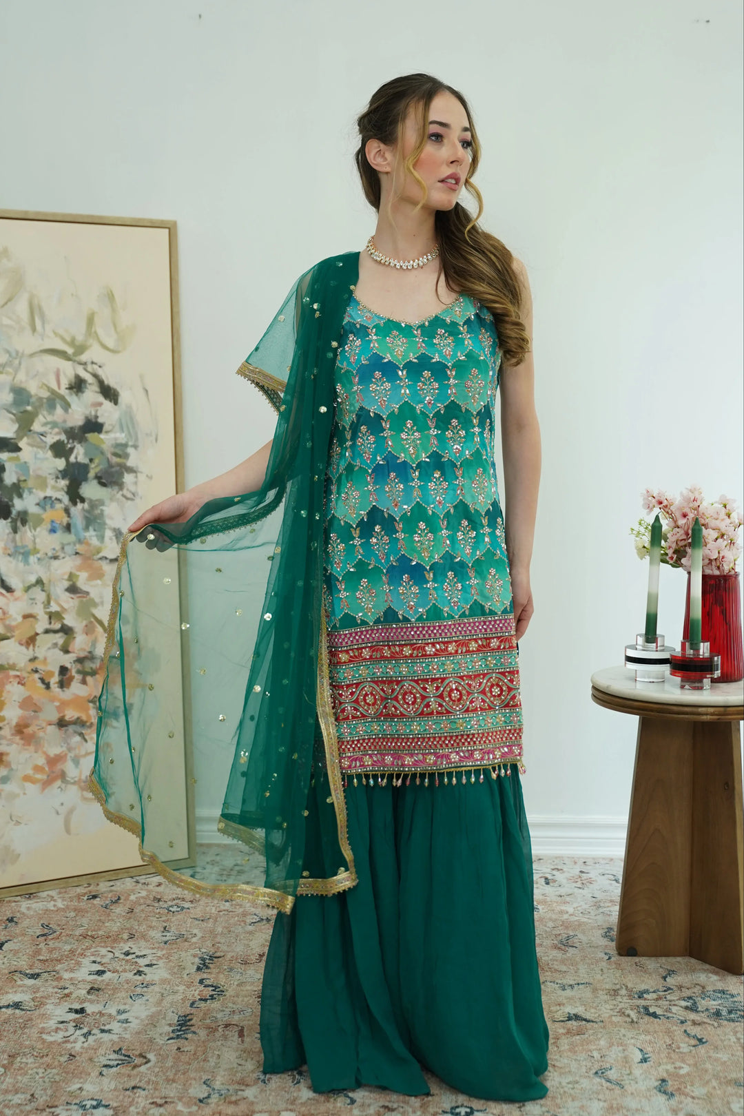 Emerald Mirror & Phulkari Sharara Set - MyEthnikRentals