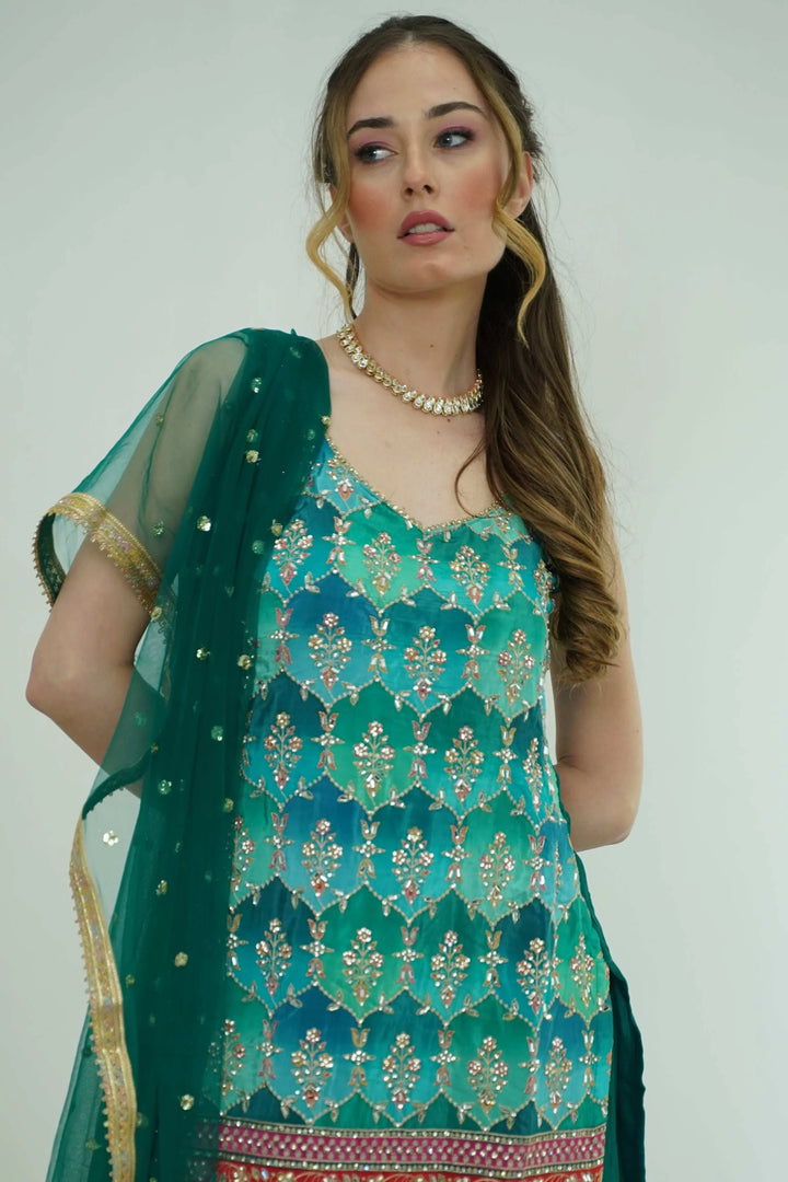 Emerald Mirror & Phulkari Sharara Set (Outside Ontario) - MyEthnikRentals