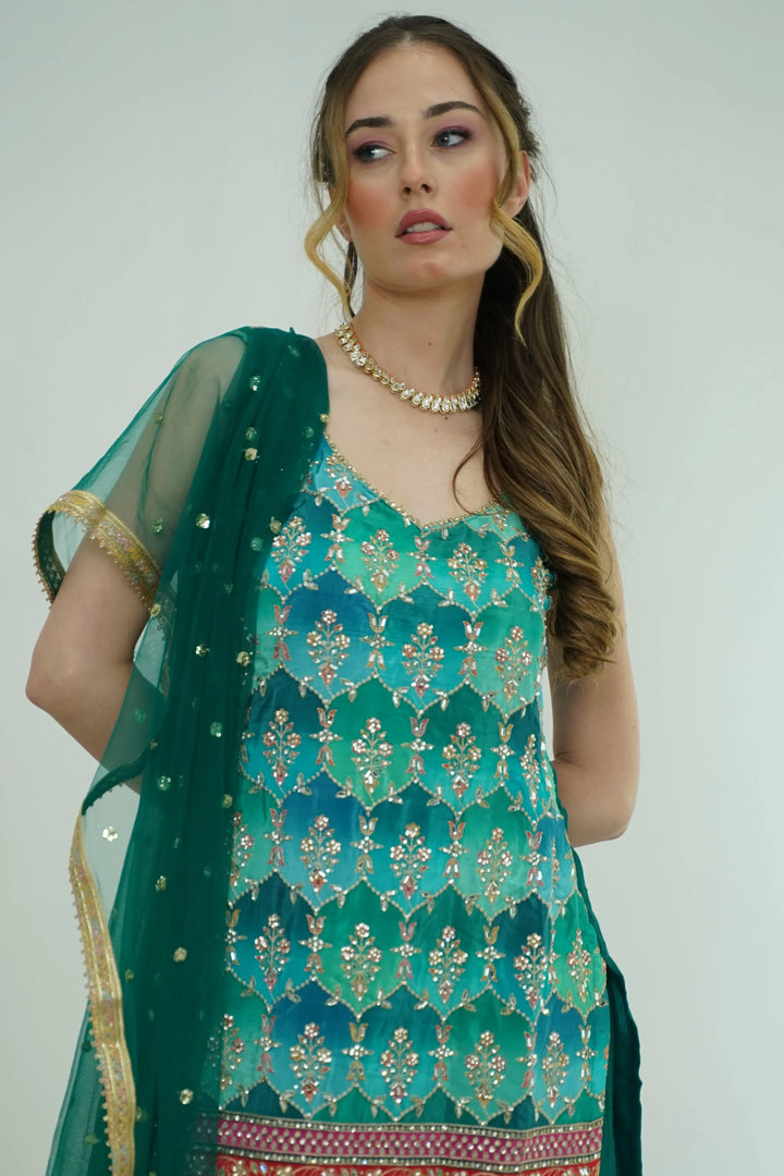 Emerald Mirror & Phulkari Sharara Set - MyEthnikRentals