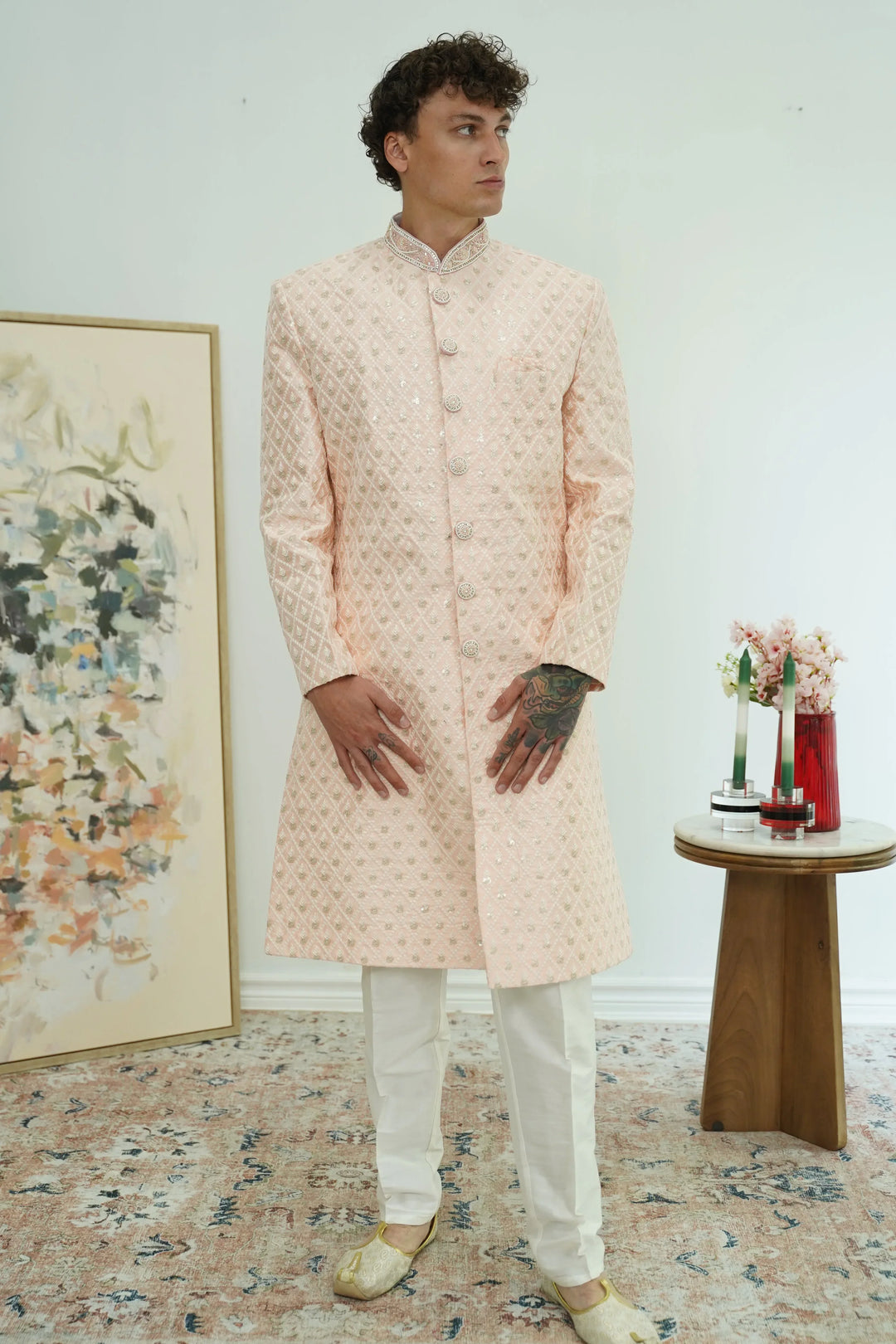 Soft Peach Diamond-Embroidered Sherwani Set - MyEthnikRentals