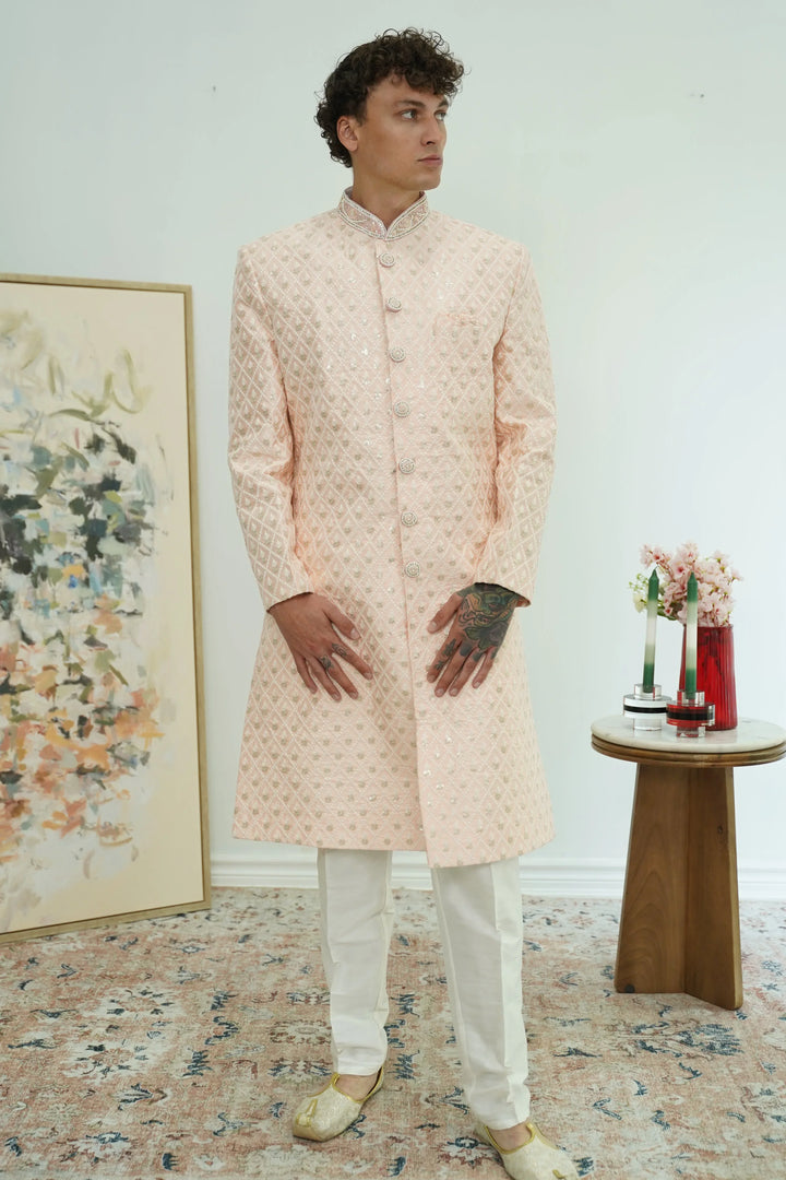 Soft Peach Diamond-Embroidered Sherwani Set - MyEthnikRentals