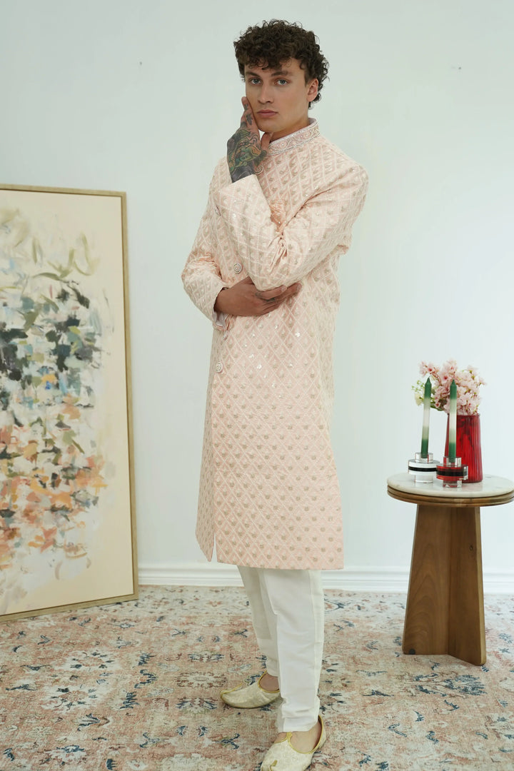 Soft Peach Diamond-Embroidered Sherwani Set - MyEthnikRentals