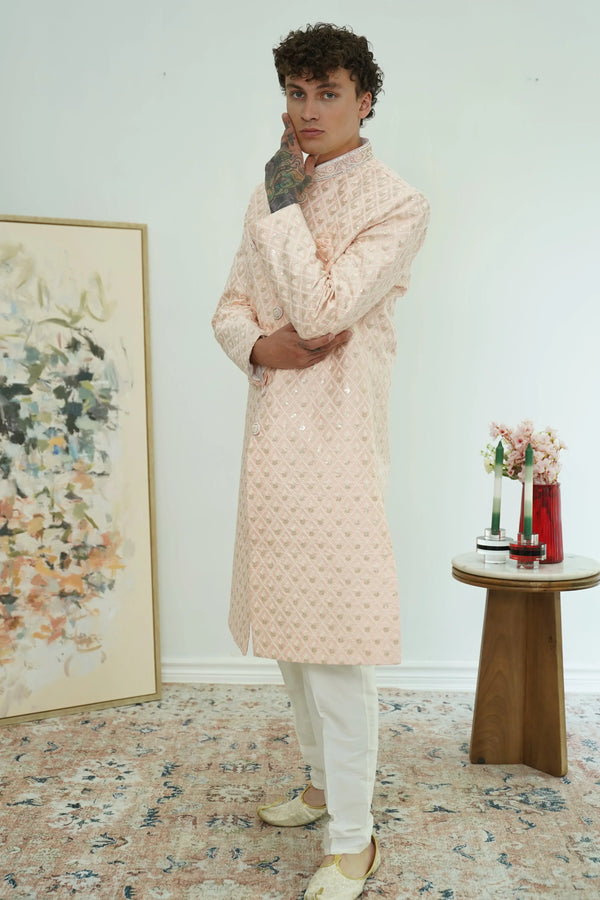 Soft Peach Diamond-Embroidered Sherwani Set (Outside Ontario) - MyEthnikRentals