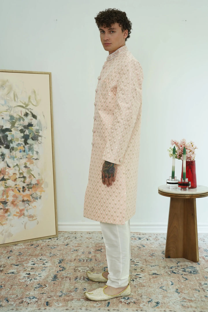 Soft Peach Diamond-Embroidered Sherwani Set - MyEthnikRentals
