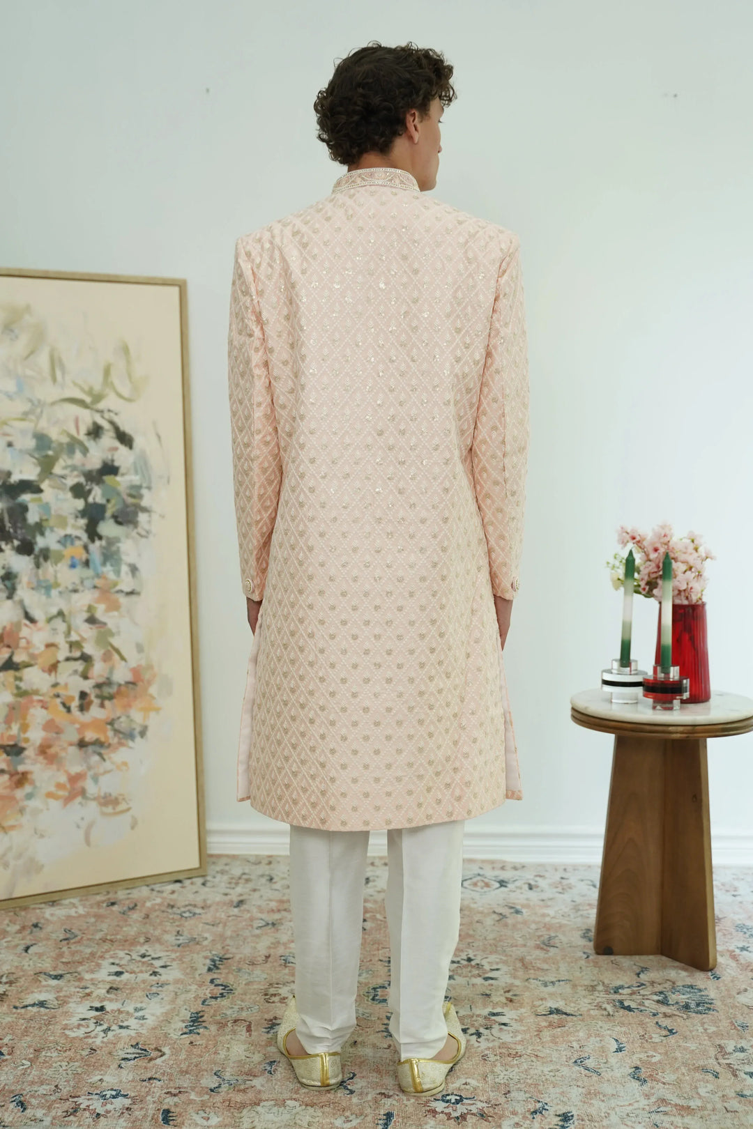 Soft Peach Diamond-Embroidered Sherwani Set - MyEthnikRentals