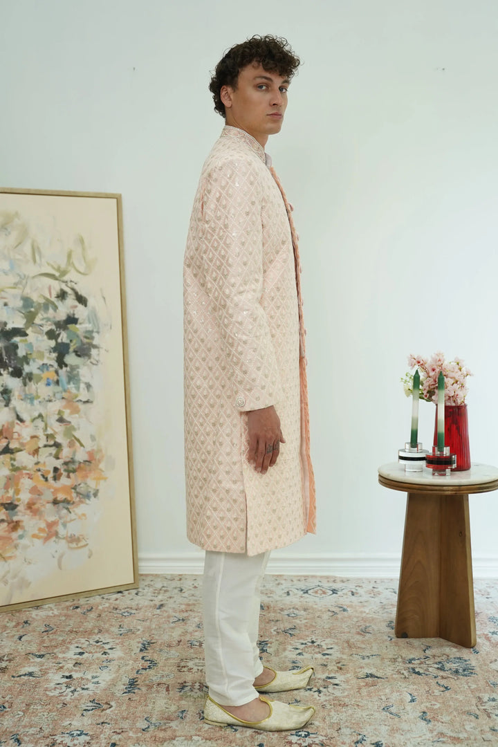 Soft Peach Diamond-Embroidered Sherwani Set - MyEthnikRentals