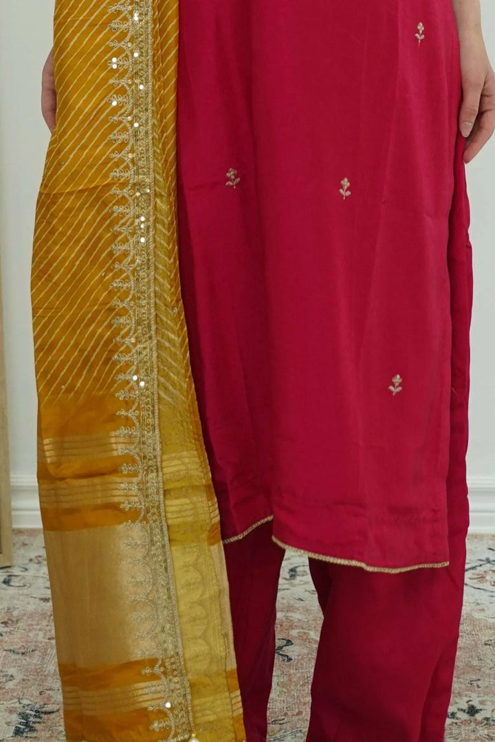 Maroon & Mustard Threadwork Salwar Kameez (Outside Ontario) - MyEthnikRentals