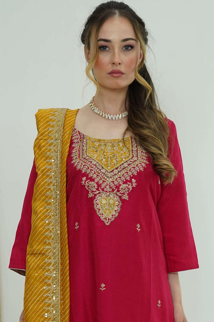 Maroon & Mustard Threadwork Salwar Kameez (Outside Ontario) - MyEthnikRentals