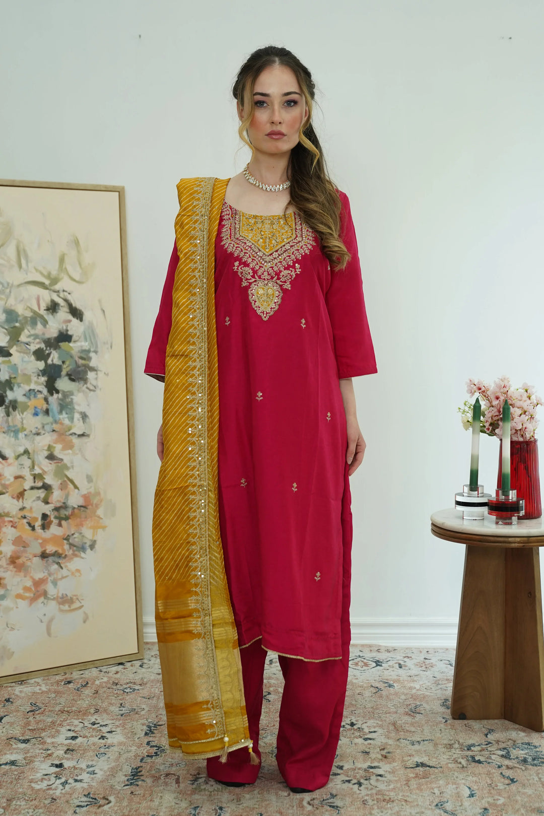 Maroon & Mustard Threadwork Salwar Kameez - MyEthnikRentals
