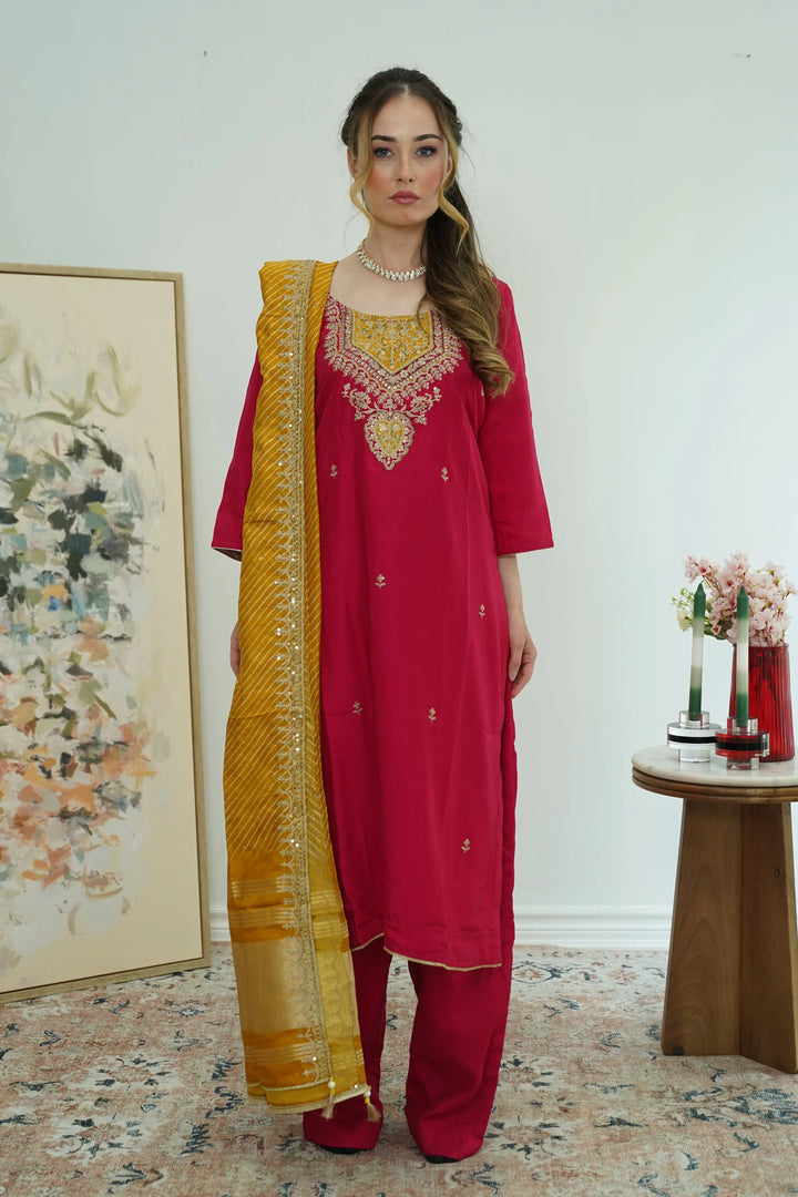 Maroon & Mustard Threadwork Salwar Kameez - MyEthnikRentals