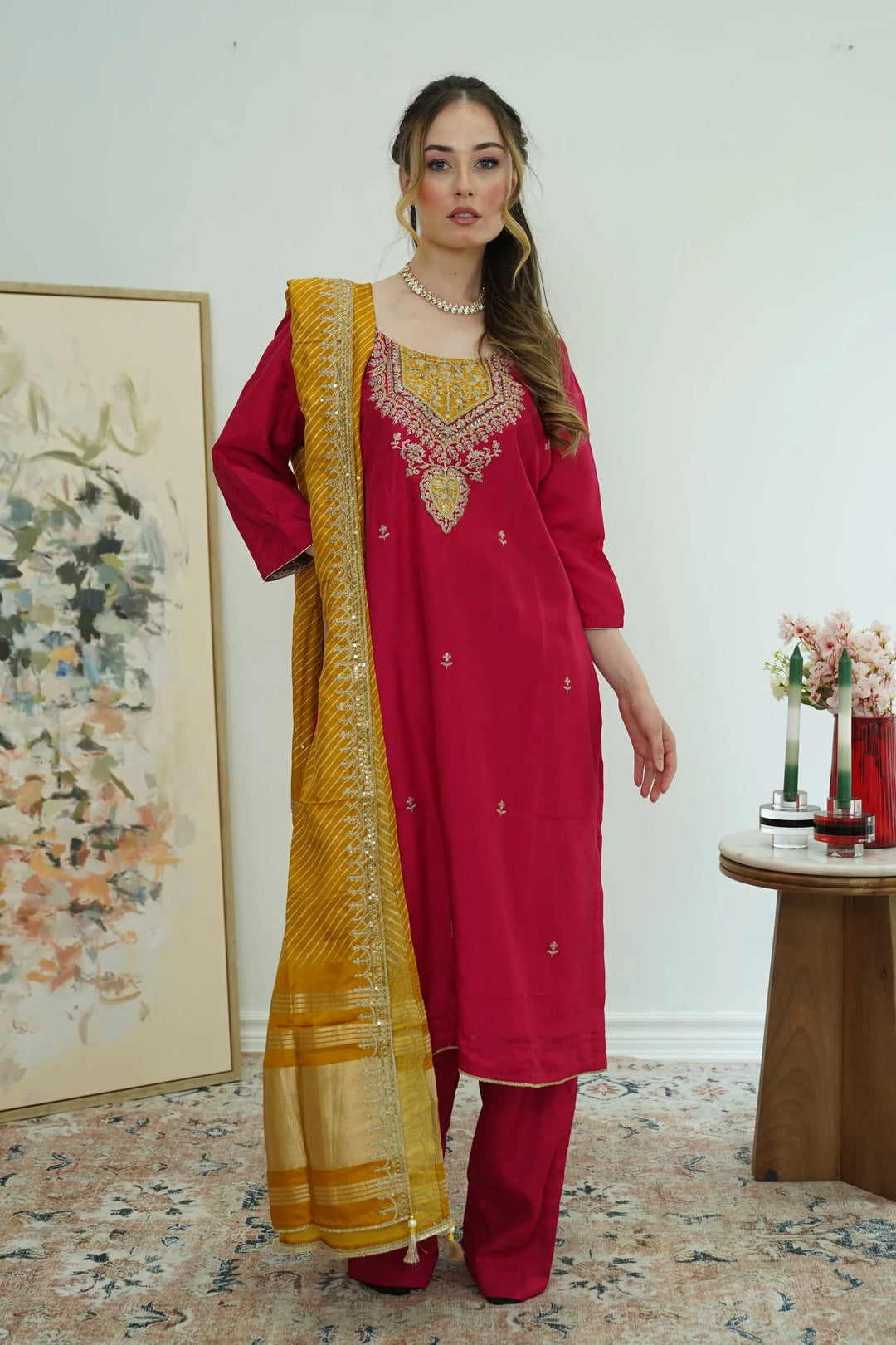 Maroon & Mustard Threadwork Salwar Kameez - MyEthnikRentals