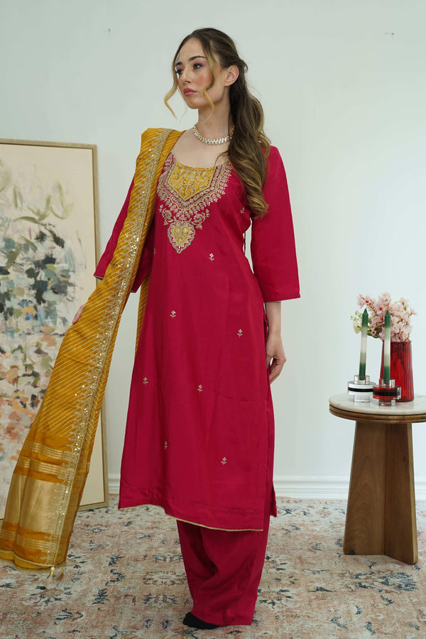 Maroon & Mustard Threadwork Salwar Kameez (Outside Ontario) - MyEthnikRentals
