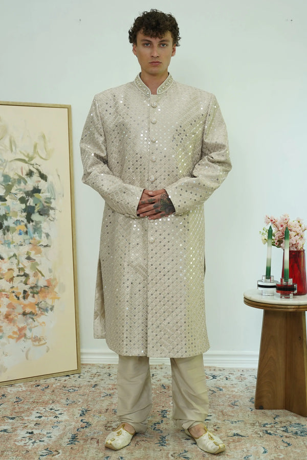 Champagne Mirrorwork Diamond Sherwani Set - MyEthnikRentals