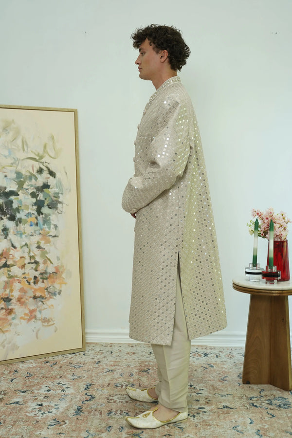 Champagne Mirrorwork Diamond Sherwani Set - MyEthnikRentals